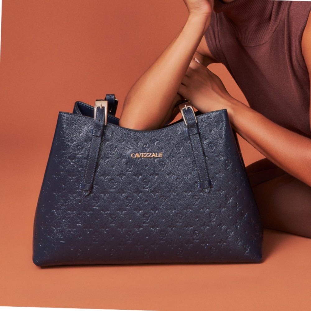 Tote Bag Grande de Couro Monograma La Fenice Marinho 105145