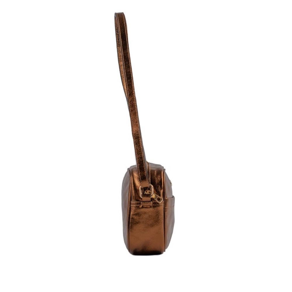 Bolsa Tiracolo Pequena de Couro Metalizado La Fenice Bronze 105309