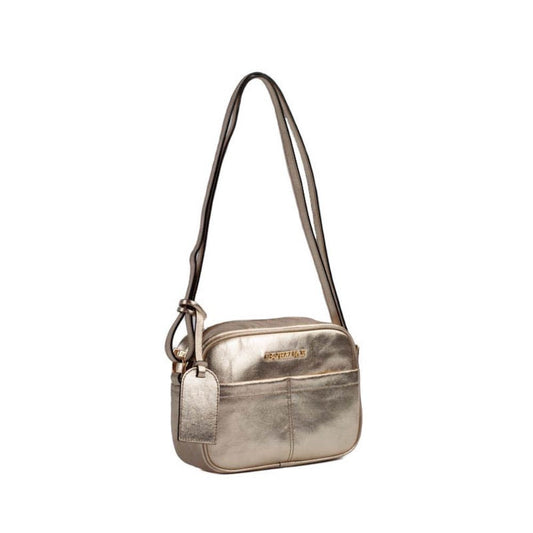 Bolsa Tiracolo Pequena de Couro Metalizado La Fenice Ouro Light 105309