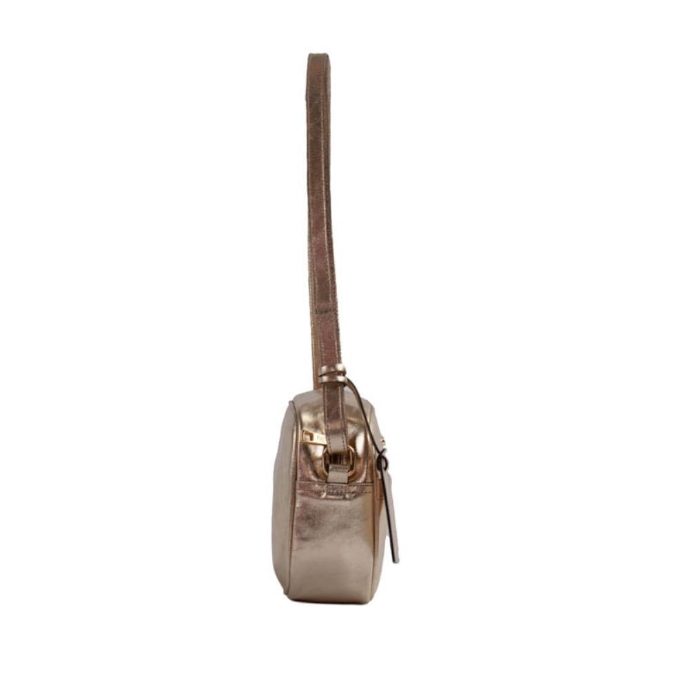 Bolsa Tiracolo Pequena de Couro Metalizado La Fenice Ouro Light 105309