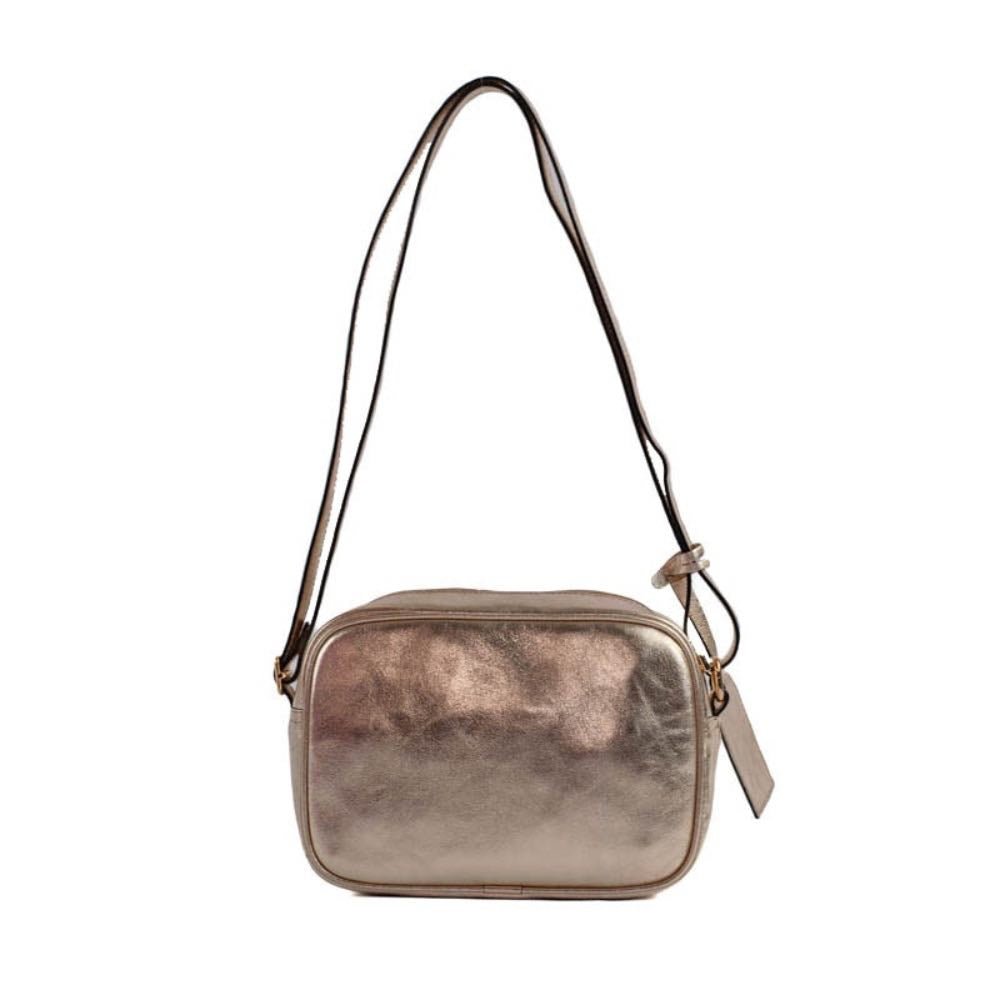 Bolsa Tiracolo Pequena de Couro Metalizado La Fenice Ouro Light 105309