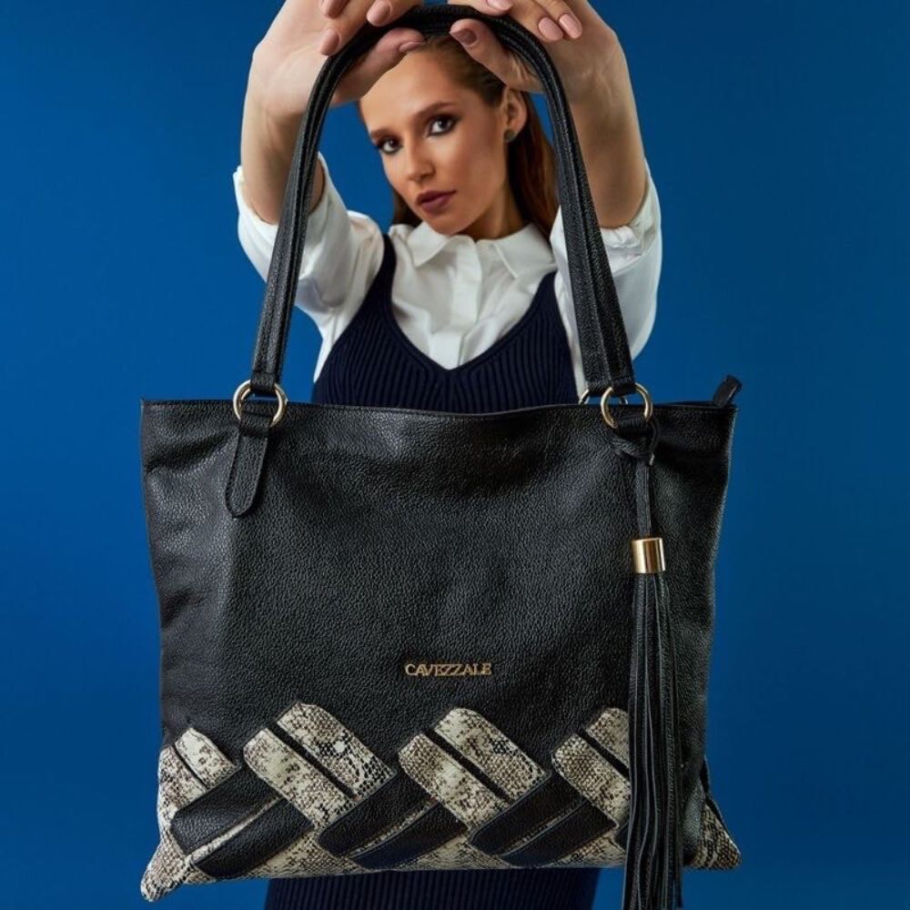 Shopping Bag Grande Couro Floater Snake La Fenice Natural/Preto 105772