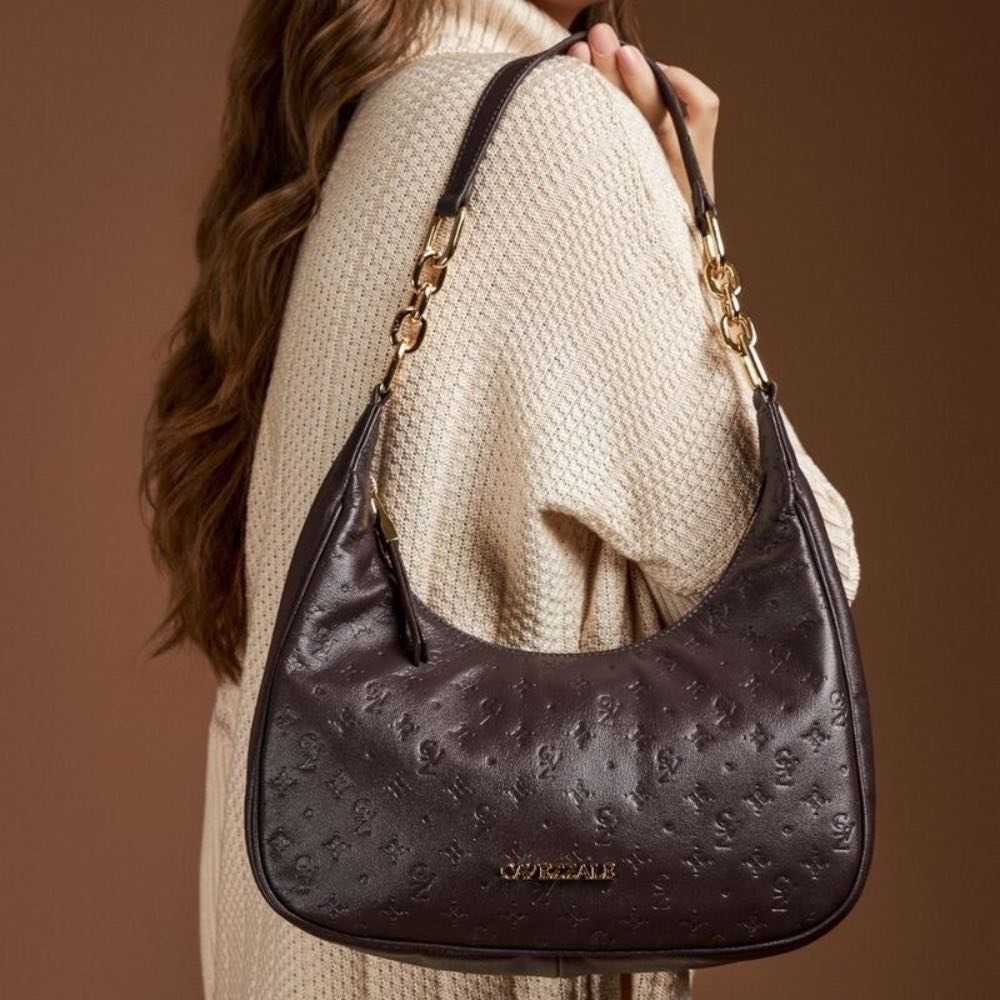 Bolsa Hobo Grande de Couro La Fenice Monograma Cacau 105795
