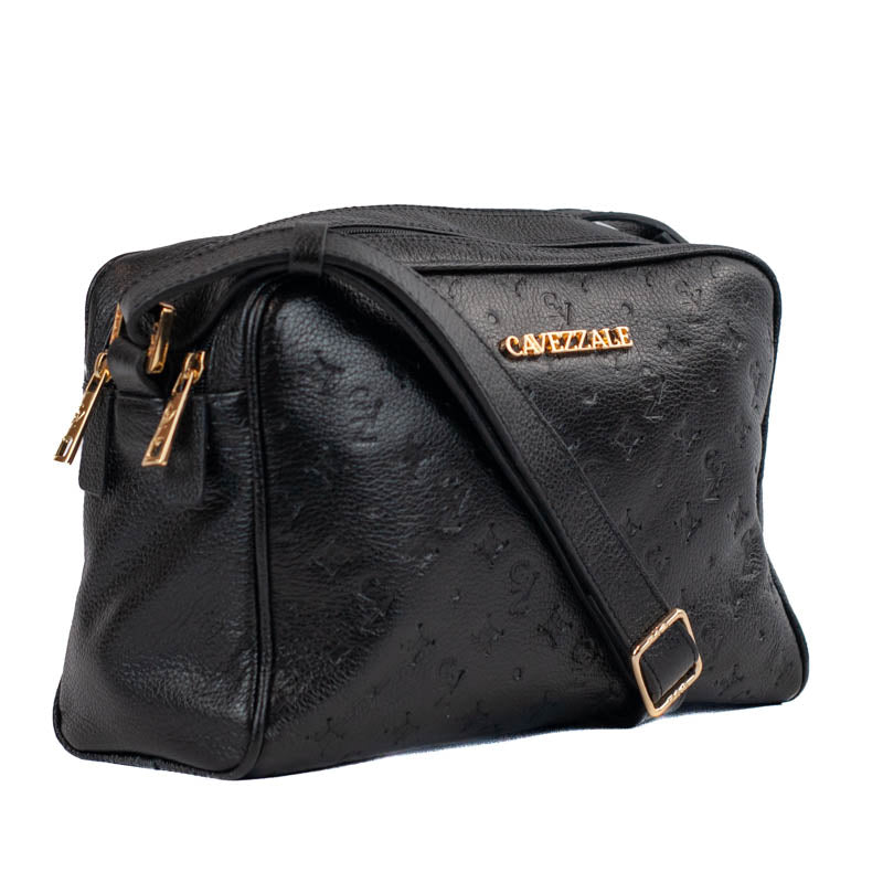 Bolsa Tiracolo Média de Couro Monograma La Fenice Preto 105510