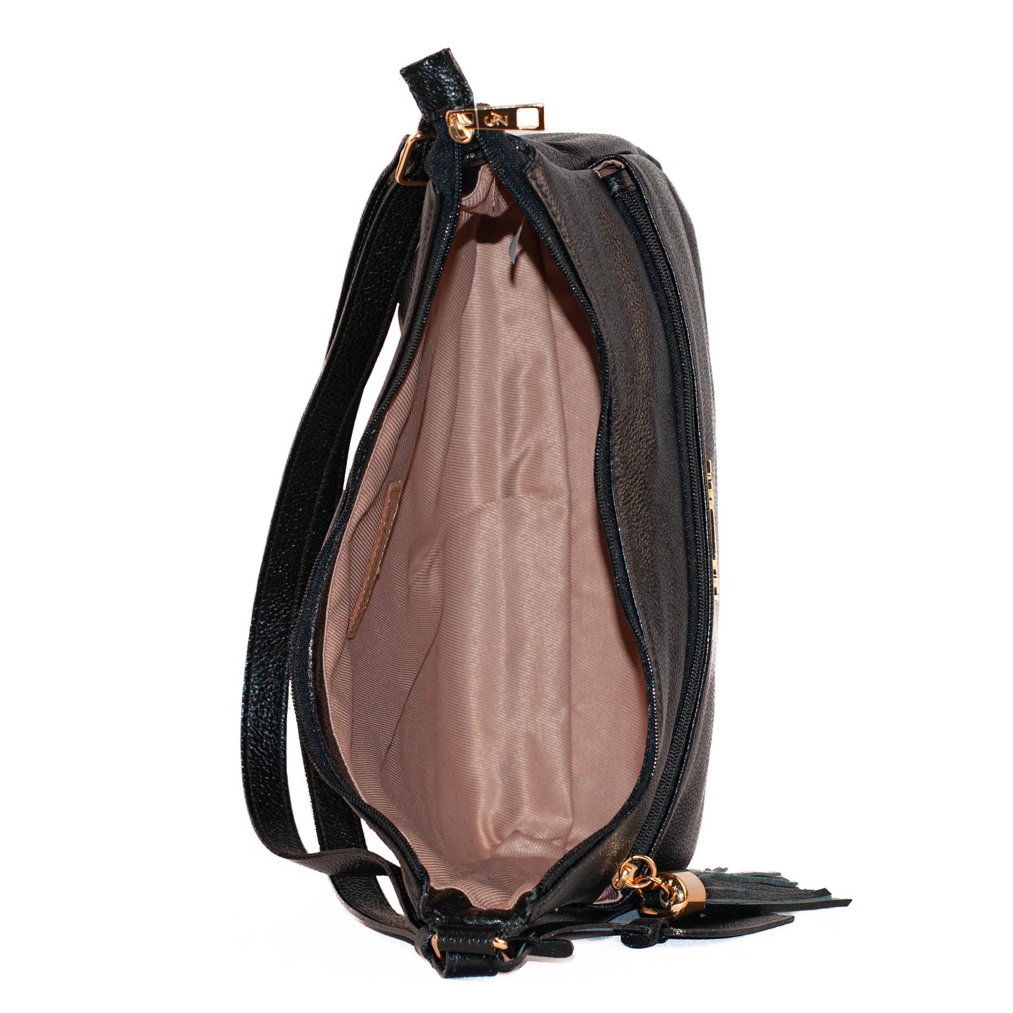 Bolsa Tiracolo Grande de Couro La Fenice Preto 104520